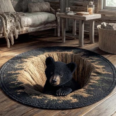 Round rug Baby Bear Coming Out of the Cave Illusion Floor Mat for Living Room & Bedroom
