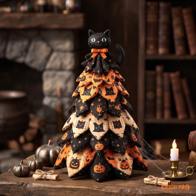 Vintage Black Cat Halloween Quilted Fabric Tree