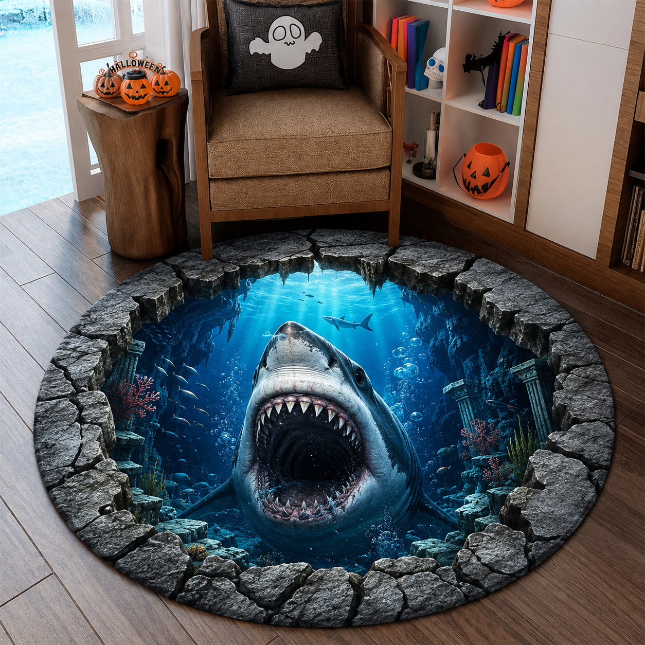 Round Rug Shark Illusion halloween Floor Mat for Living Room & Bedroom Round Rug Shark Illusion halloween Floor Mat for Living Room & Bedroom